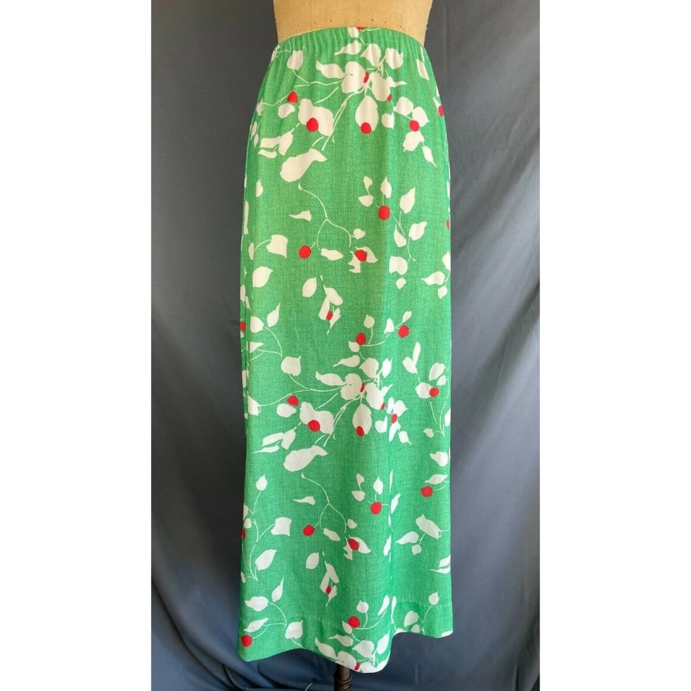 Vintage Maxi Skirt Green / Floral 70s-style, Elastic Waist (Size 14 fits like 8)
